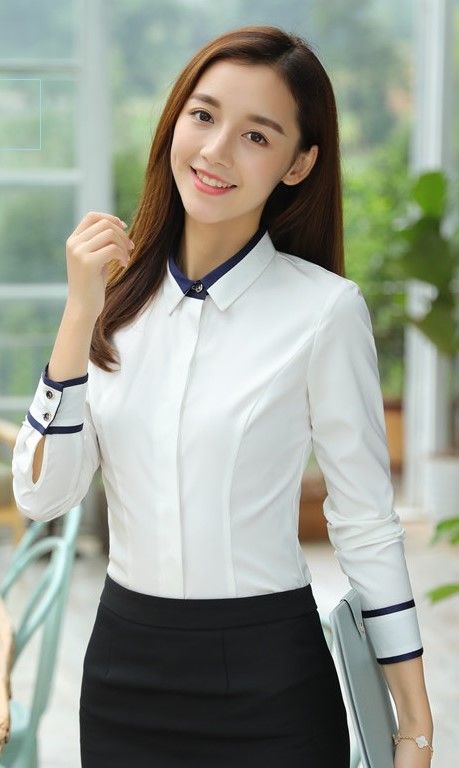 Đồng phục công sở áo sơ mi nữ cao cấp màu trắng cổ và tay áo viền xanh đen
