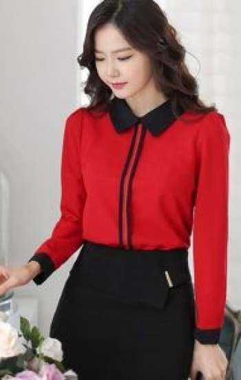 Đồng phục công sở sơ mi nữ cao cấp màu đỏ tay dài cổ và tay viền đen