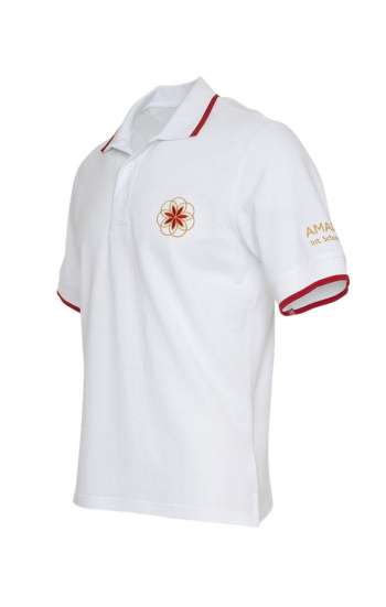 Áo thun đồng phục cổ trụ màu trắng viền đỏ logo thêu