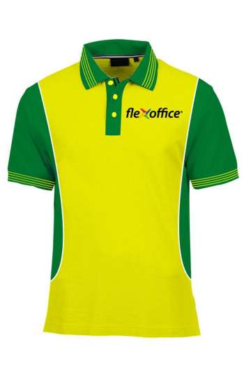 Áo thun đồng phục cổ trụ màu vàng phối xanh lá logo in